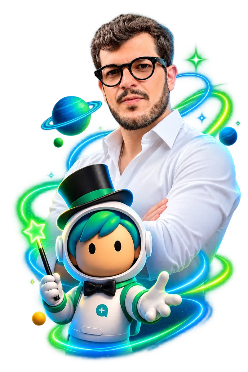 Flávio Paulino, mentor da MagIA School, com o mascote mago astronauta entre anéis verdes e azuis.