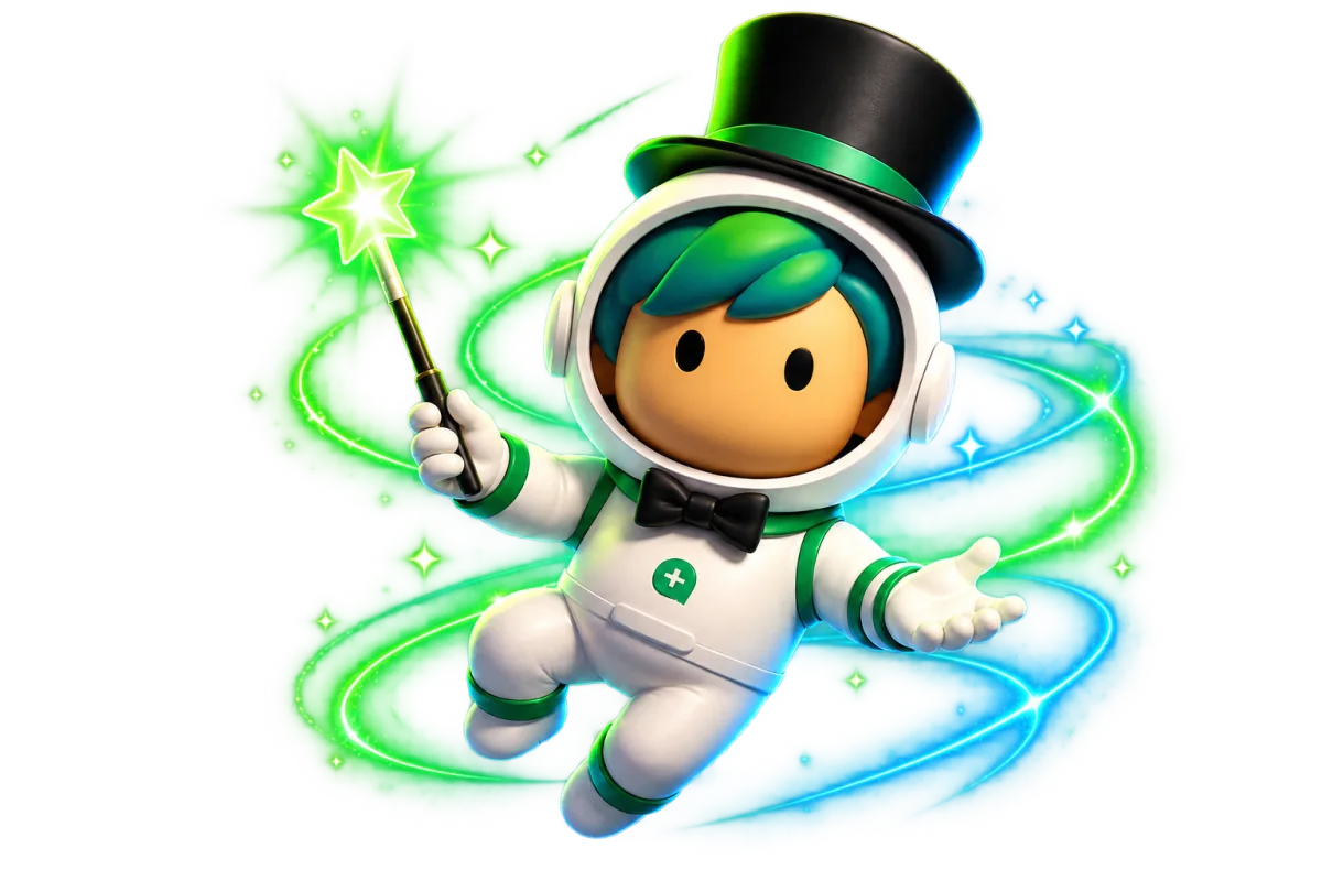Mascote da MagIA School: mago astronauta com varinha luminosa entre anéis verdes e azuis.