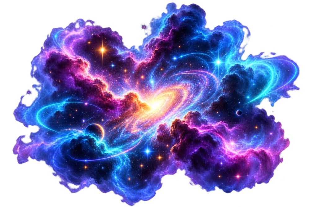 Nebulosa em azul, roxo e dourado com uma galáxia espiral ao centro.