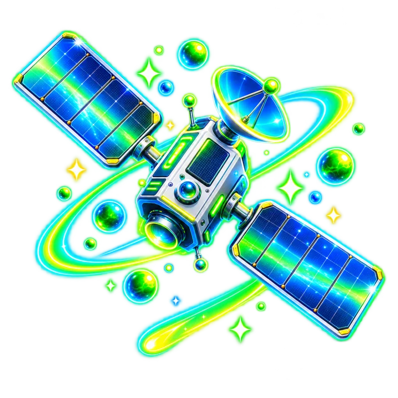 Satélite da MagIA School com painéis solares e antena, entre órbitas verdes e azuis.