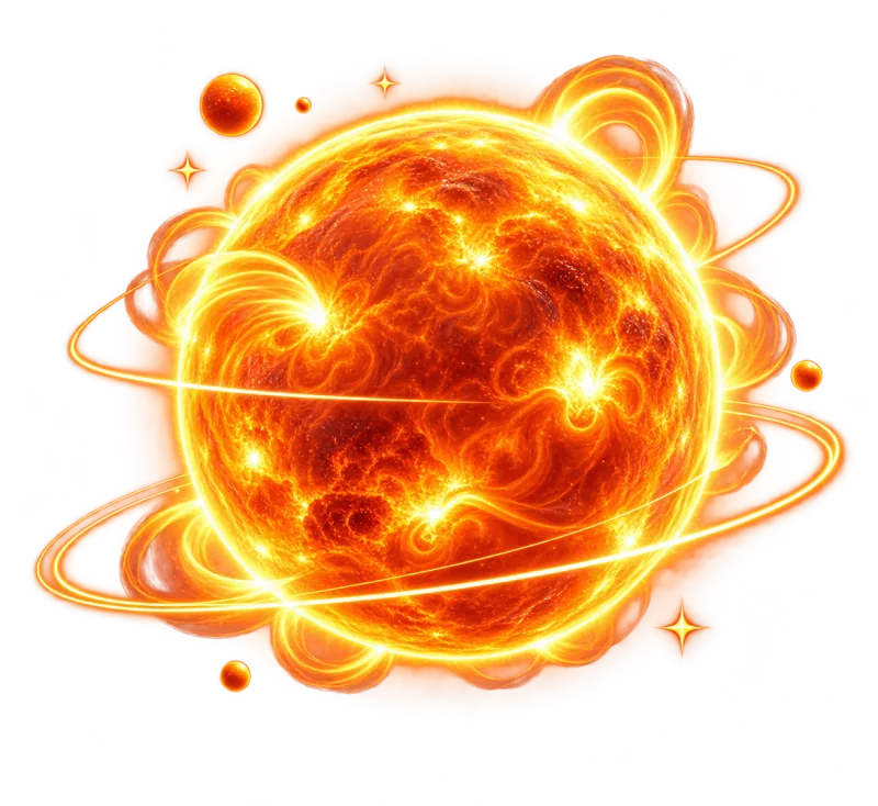 Sol da MagIA School, com órbitas e pequenos planetas em laranja e dourado.